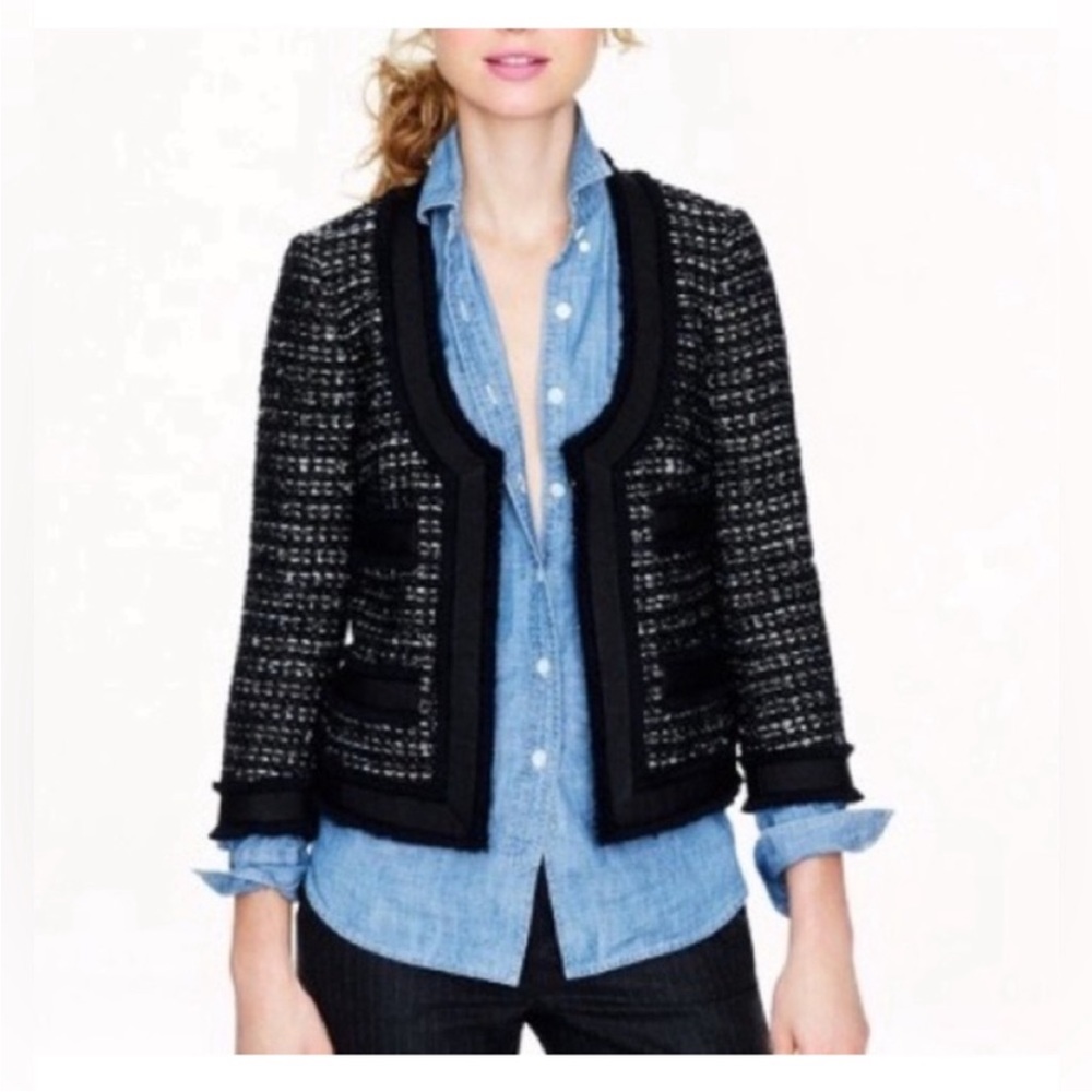 J.crew Collection Wool Blend Houndstooth Tweed Jacket With Ruffled Trim Size 10.